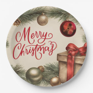 Merry Christmas Pine Branch with Ornaments Paper Plates