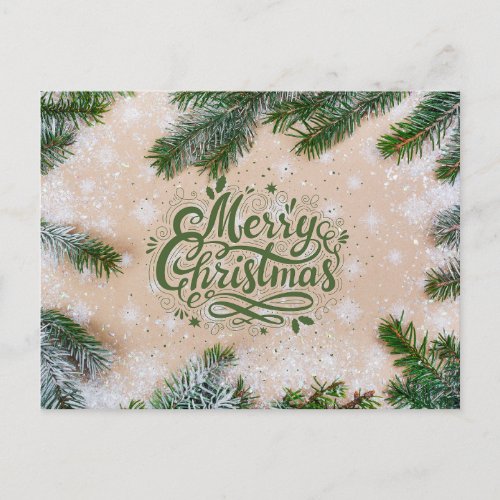 Merry Christmas Pine Branches and Snowflakes Postcard
