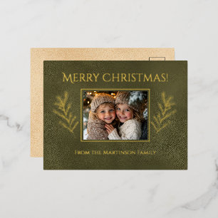 Merry Christmas Pine Branches Photo Green Foil Holiday Postcard