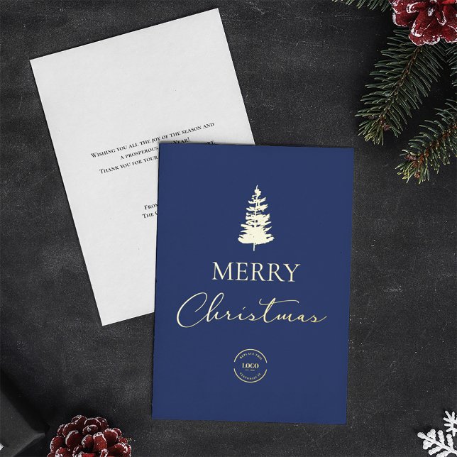 Merry Christmas pine Company Logo Blue Gold  Foil Holiday Card (Merry Christmas navy blue with real gold pine tree sketch and logo.)