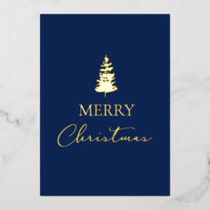 Merry Christmas pine Company name Blue Gold Foil Holiday Card