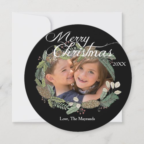 Merry Christmas Pine Cone and Greenery Photo Card