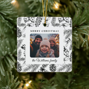 Merry Christmas Pine Cone Family Photo Ceramic Ornament