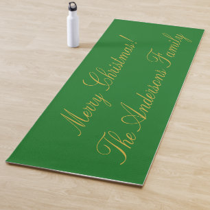 Merry Christmas Pine Green Metallic Gold Script Yoga Mat