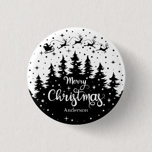 Merry Christmas Pine Santa Claus Reindeer Sleigh Button