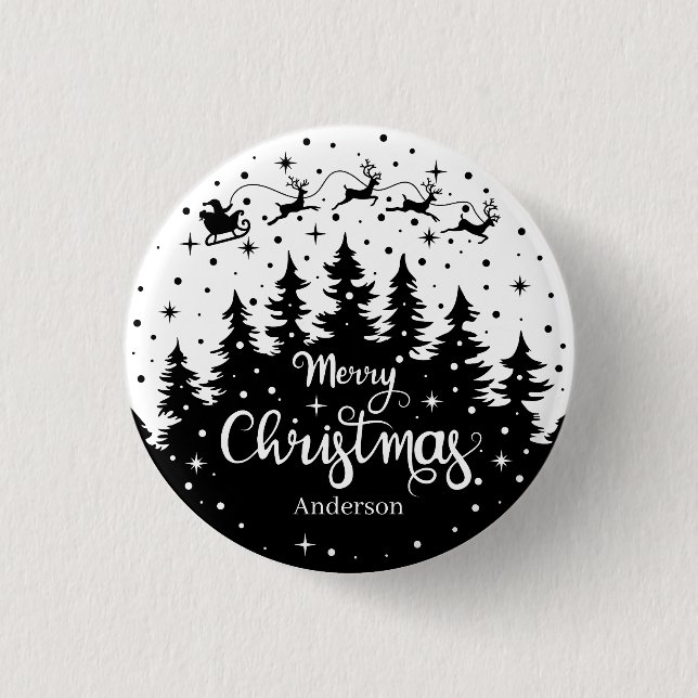 Merry Christmas Pine Santa Claus Reindeer Sleigh Button (Front)