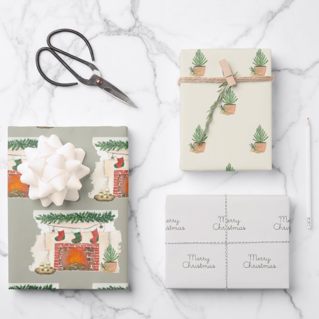 Merry Christmas Pine Tree and Cozy Fireplace Wrapping Paper Sheets (Front)