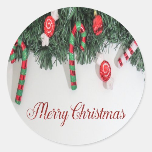 Merry ChristmasPine TreeCandy Cane Classic Round Sticker