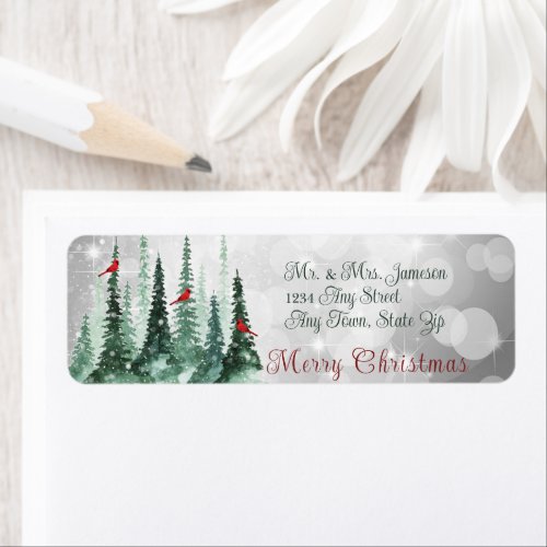 Merry Christmas Pine Tree Forest Cardinal Birds Label