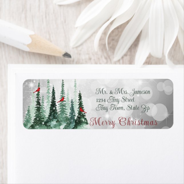 Merry Christmas Pine Tree Forest Cardinal Birds Label (Insitu)