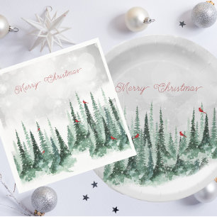 Merry Christmas Pine Tree Forest Cardinal Birds Paper Plates