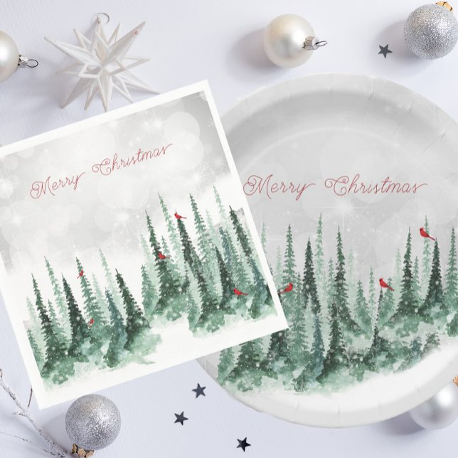 Merry Christmas Pine Tree Forest Cardinal Birds   Paper Plates (Creator Uploaded)