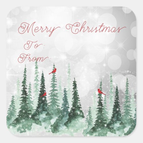 Merry Christmas Pine Tree Forest Cardinal Birds Square Sticker