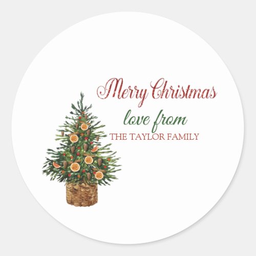 Merry ChristmasPine Tree Orange Classic Round Sticker