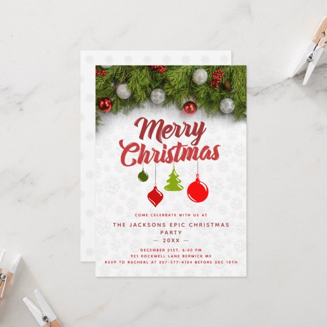 Merry Christmas Pine Tree Ornaments Xmas Party  Invitation (Front/Back In Situ)