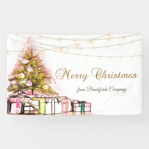 Merry ChristmasPine Tree Presents String Lights  Banner