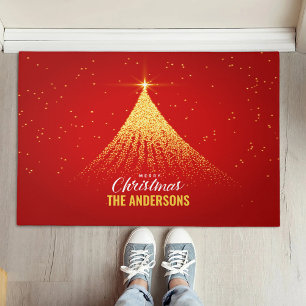Merry Christmas Pine Tree Red Background Family Doormat