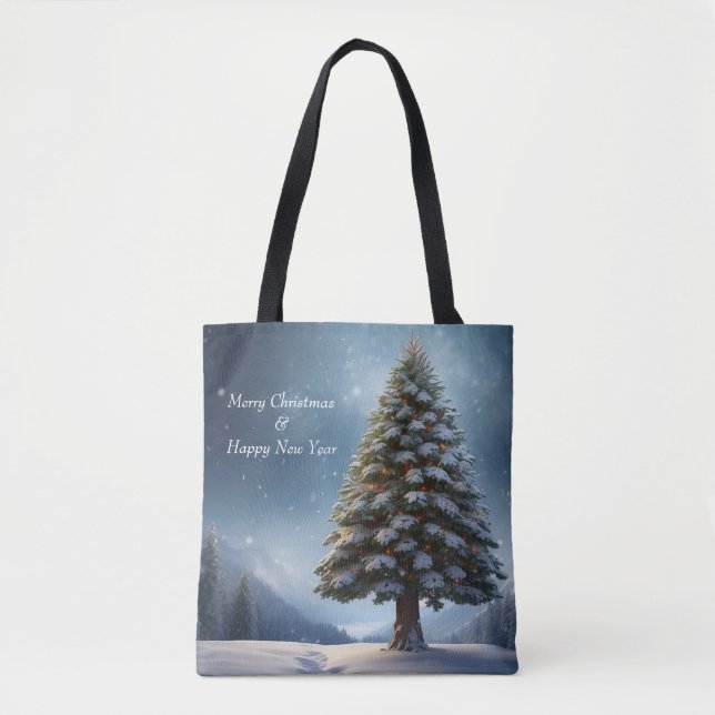 Merry Christmas Pine Tree Snowflake Winter Holiday Tote Bag (Front)
