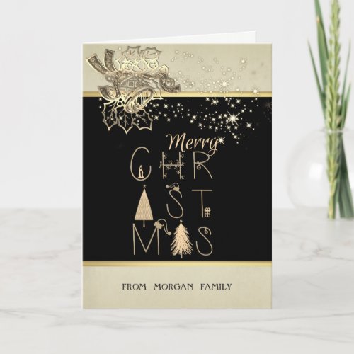 Merry ChristmasPine TreeStarsBell Holiday Card