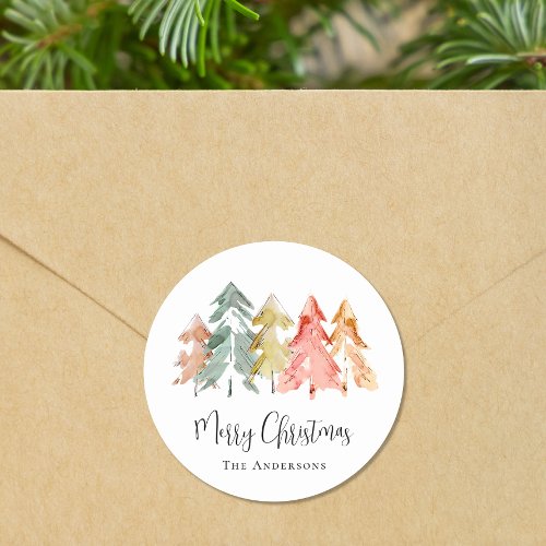 Merry Christmas Pine Tree Watercolor Classic Round Sticker