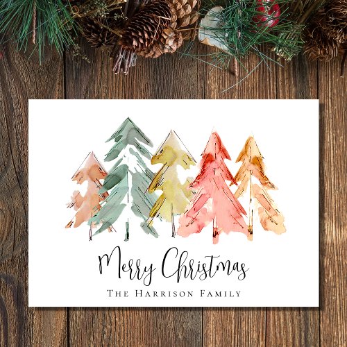 Merry Christmas Pine Tree Watercolor Holiday Card