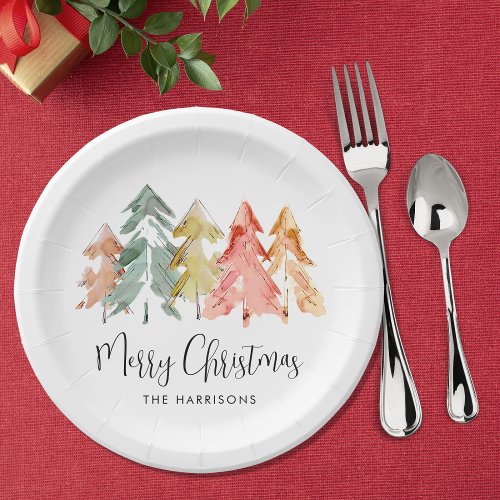 Merry Christmas Pine Tree Watercolor Holiday Paper Plates