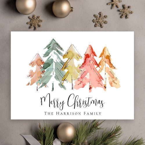 Merry Christmas Pine Tree Watercolor Photo Holiday Card