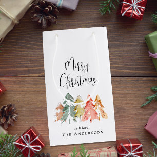 Merry Christmas Pine Tree Watercolor Small Gift Bag
