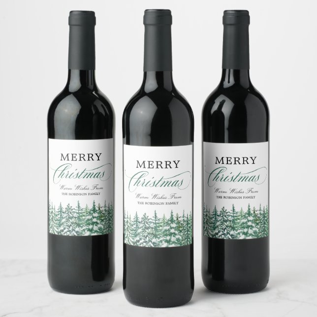 Merry Christmas Pine Trees Elegant Script Wine Label (Bottles)