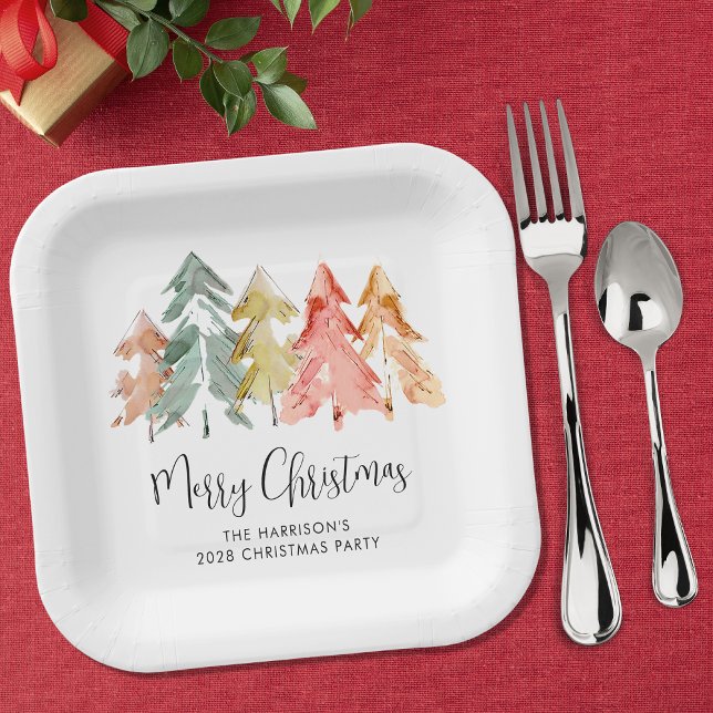 Merry Christmas Pine Trees Holiday Party Paper Plates (Creator Uploaded)