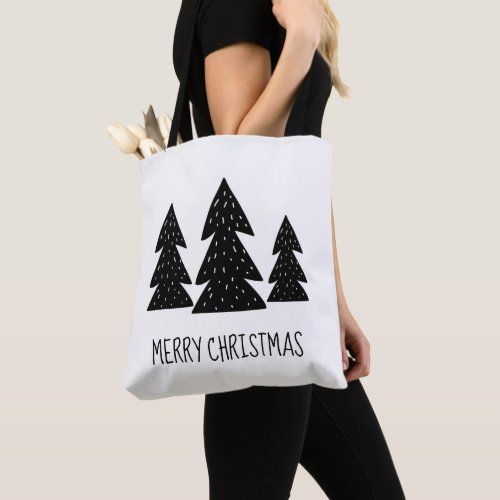 Merry Christmas Pine Trees Scandi Black White Tote Bag