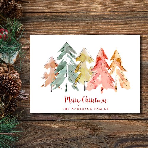 Merry Christmas Pine Trees Watercolor Holiday Card