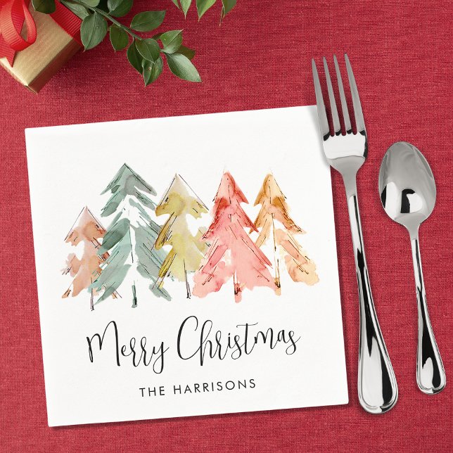Merry Christmas Pine Trees Watercolor Holiday Napkins (Creator Uploaded)