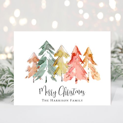 Merry Christmas Pine Trees Watercolor Photo Holiday Postcard