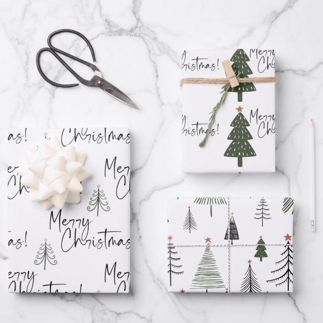 Merry Christmas Pine Trees Wrapping Paper Sheets (Front)