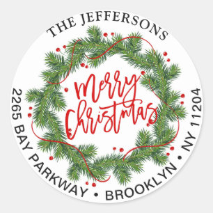 Merry Christmas Pine Wreath Return Address Labels