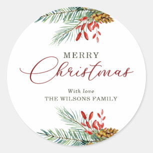 Merry Christmas Pinecone Berries Green Personalize Classic Round Sticker