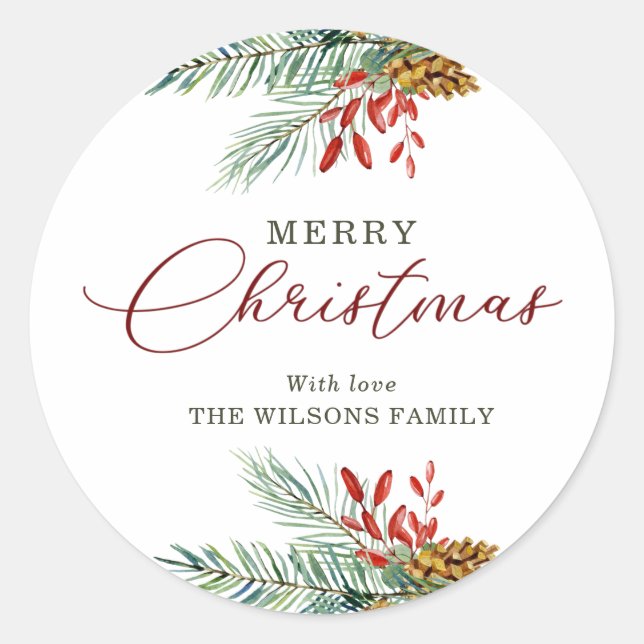 Merry Christmas Pinecone Berries Green Personalize Classic Round Sticker (Front)