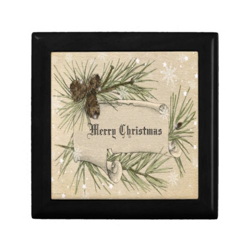 Merry Christmas Pinecones Snowflakes Vintage Gift Box