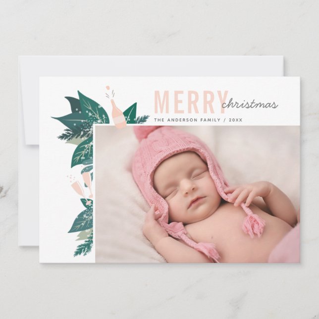 Merry Christmas. Pink and green floral botanical Holiday Card (Front)