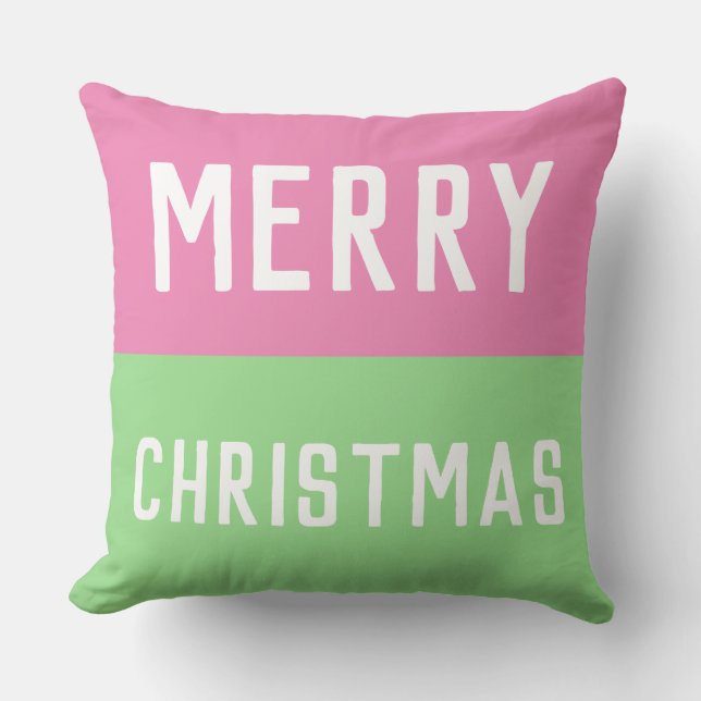 Merry Christmas Pink and Green Throw Pillow (Front)