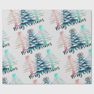 Merry Christmas Pink and Teal Trees Wrapping Paper