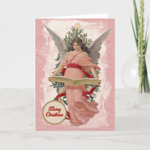 Merry Christmas Pink Angel Tree Book Religious  Holiday Card