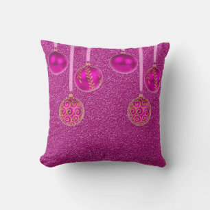 Merry Christmas Pink Baubles Glitter Gold Pillow