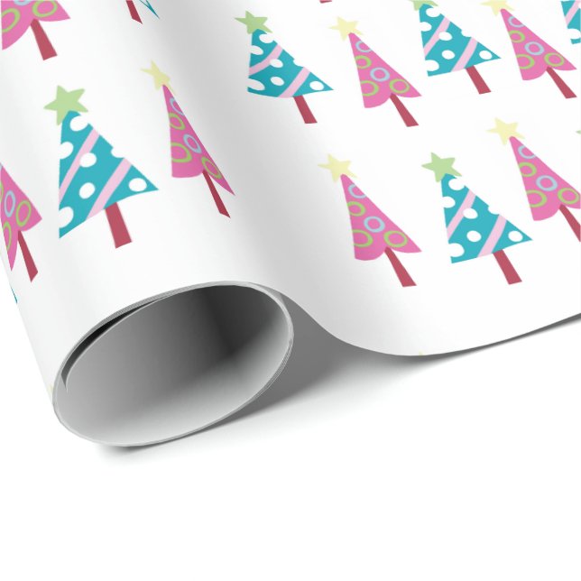 Merry Christmas Pink Blue Trees Wrapping Paper (Roll Corner)