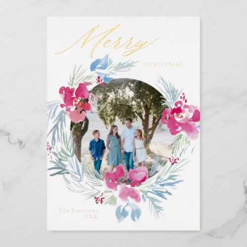 Merry Christmas Pink Blue Watercolor Flower Wreath Foil Holiday Card