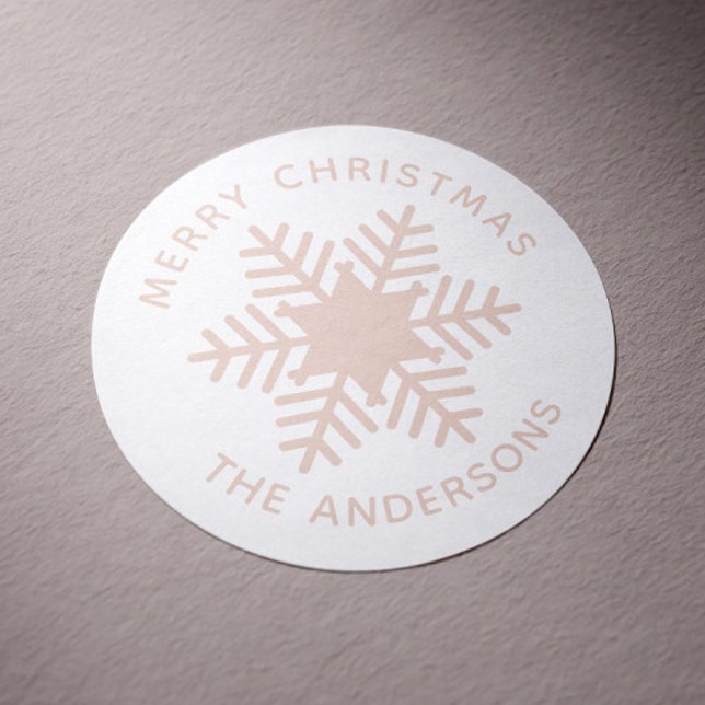 Merry Christmas. Pink blush snowflake Holidays Classic Round Sticker (Creator Uploaded)