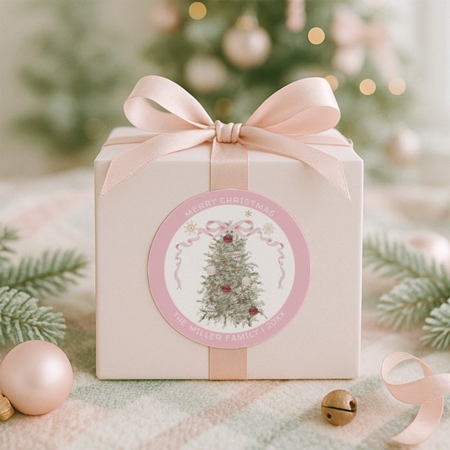 Merry Christmas Pink Bow Classic Round Sticker (Creator Uploaded)