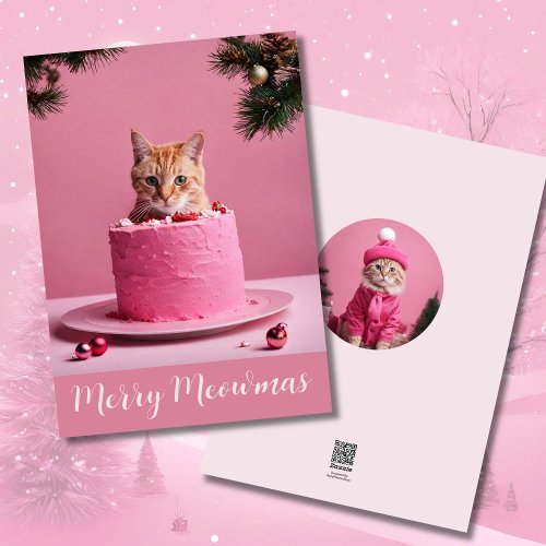 Merry Christmas pink cat in cake cute ginger kitty Holiday Card