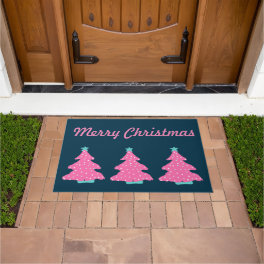 Merry Christmas Pink Contemporary Christmas Trees Doormat